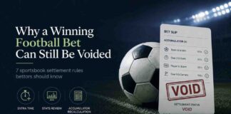 Football bet slip marked void despite winning selections, illustrating sportsbook settlement rules